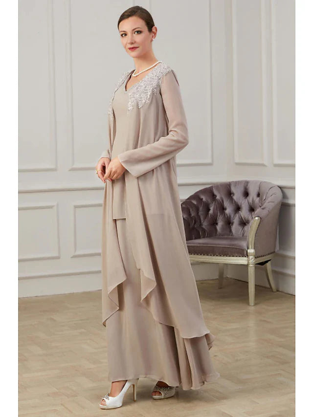 Wholesale A-Line Mother of the Bride Dress Elegant Jewel Neck Floor Length Chiffon Long Sleeve Jacket Dresses with Appliques